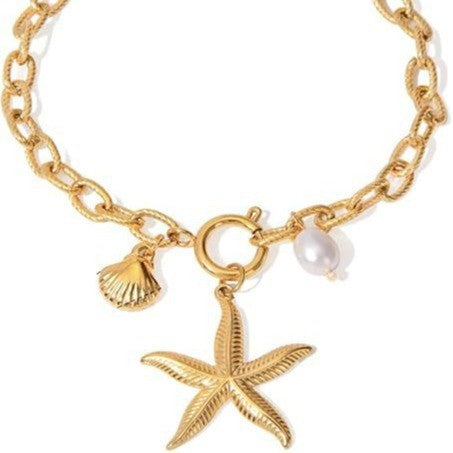 18k gold stainless steel starfish, shell, and seashell bracelet - 2025 european and american summer new ocean series titanium steel bracelet