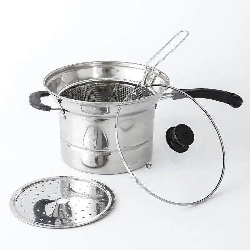 Wholesale stainless steel multifunctional noodle pot with handheld strainer, large capacity deep fryer, universal cooking pot for home use