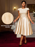 Summer new round neck rose jacquard bridesmaid dress bow tie elegant party dress