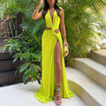 cross-border e-commerce women's fashion: european and american summer new arrivals - sexy solid color cutout knot slit v-neck dress