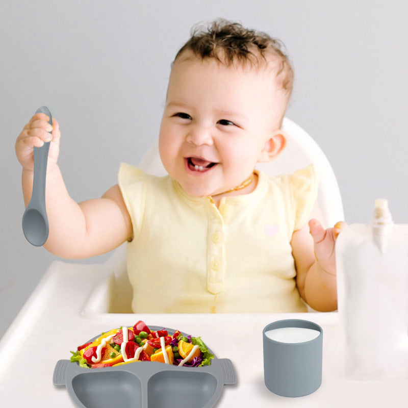 Children's silicone tableware Infants and toddlers Smiley face Three-grid plate Baby feeding complementary food bowl Spot silicone tableware set