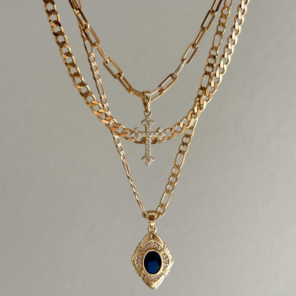 New arrivalfashionstylishniche style blue gemstone square pendant necklace retro multi-layered cross clavicle chain accessories