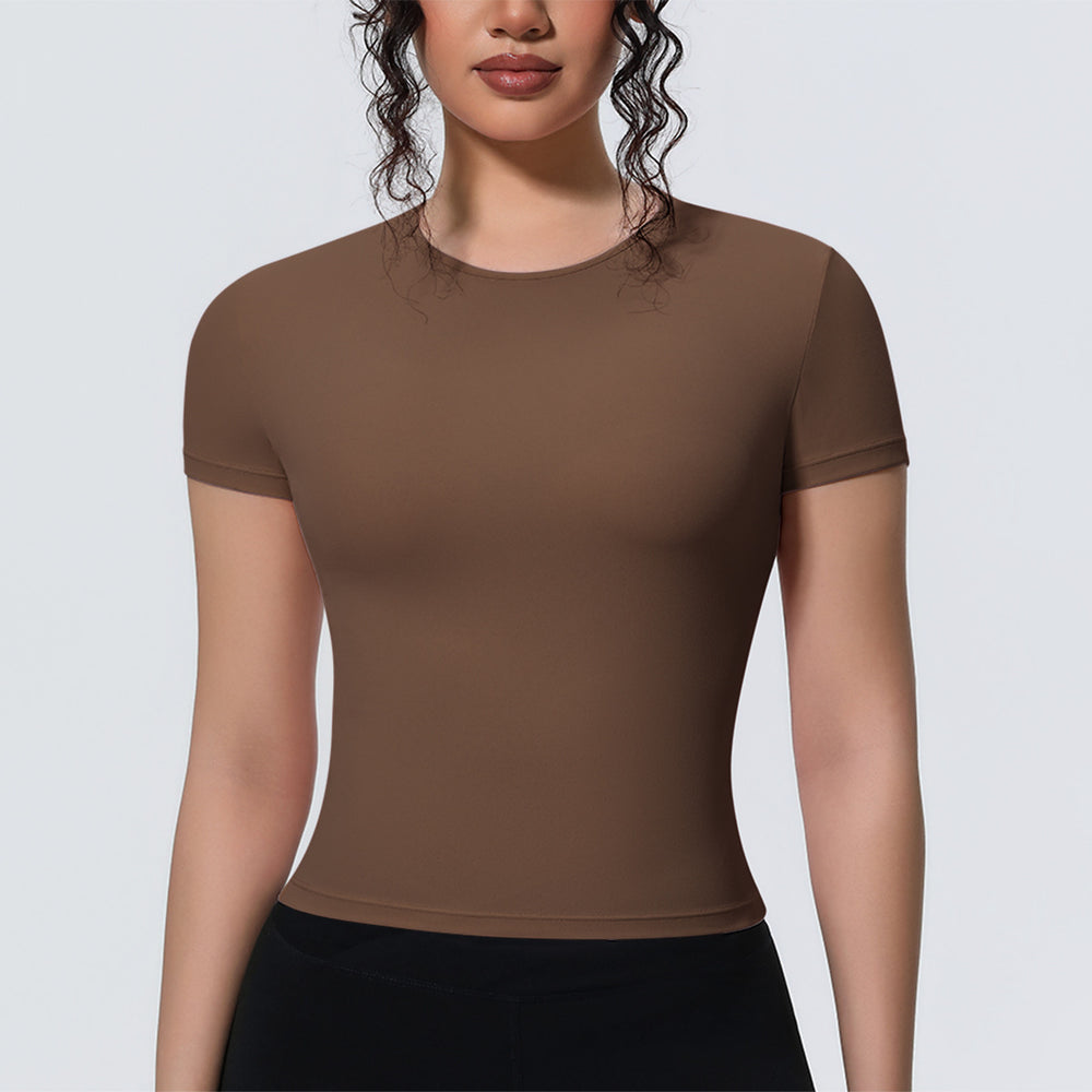 new arrival sports nude waist silm short-sleeved breathable yoga clothes t-shirt running training fitness tops for women