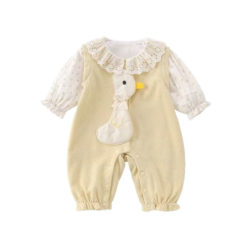 Baby princess clothes, small monthly age, spring outing clothes, western style baby girl autumn clothes, lace lace collar, romper