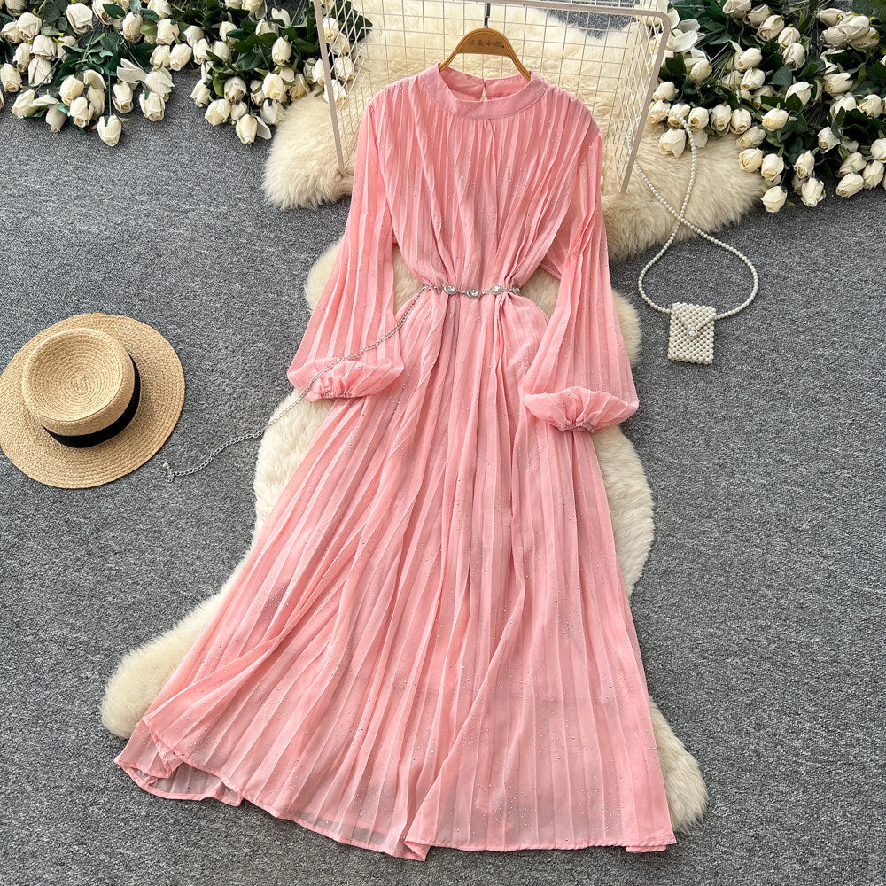 French style pleated bodycon dress - women's spring long sleeve a-line dress - cinched waist, elegant and gentle long dress