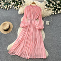 French style pleated bodycon dress - women's spring long sleeve a-line dress - cinched waist, elegant and gentle long dress