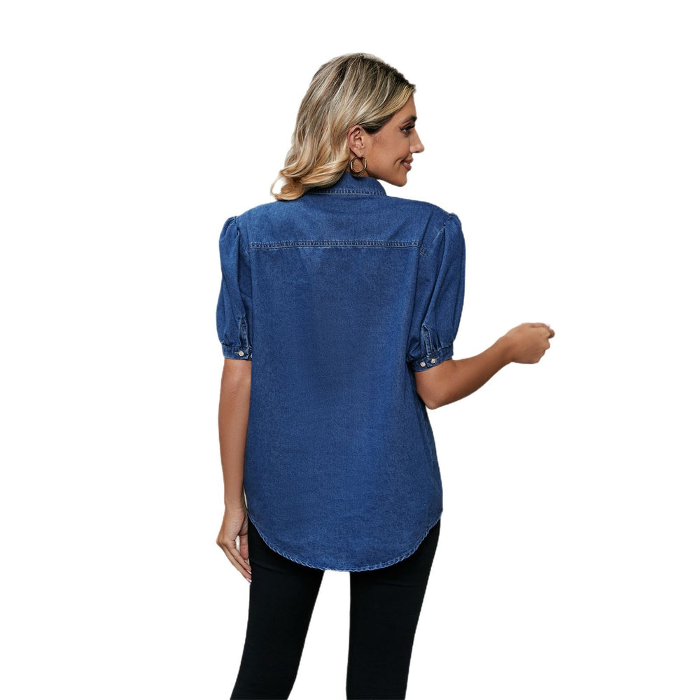 Fashion cross-border export  new arrivaleasiest for match princess sleeve lapel thin denim shirt casualtops trendy women