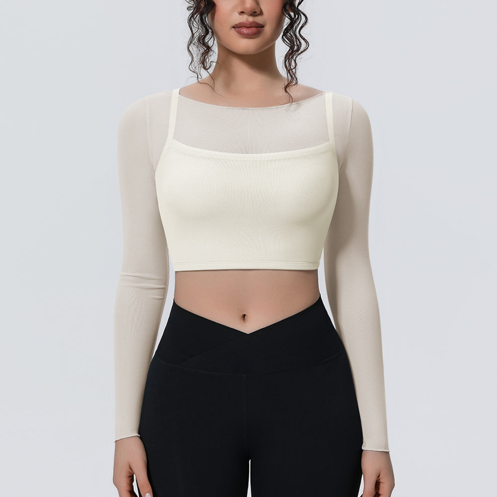 Fake two-piece mesh sports long sleeves t-shirt for women with chest pad, yoga wear tops, quick-drying slimming look outwear fitness wear