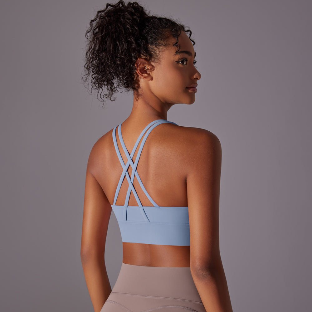 Fashion nude yoga vest women's cross back sports intimates bubble wrap push up seamless one-piece cup fitness bra