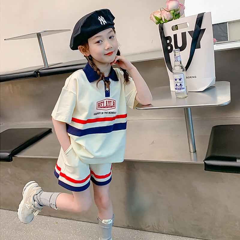 Girls' summer outfit : stylish korean-style polo shirt and shorts set for girls - casual two-piece set