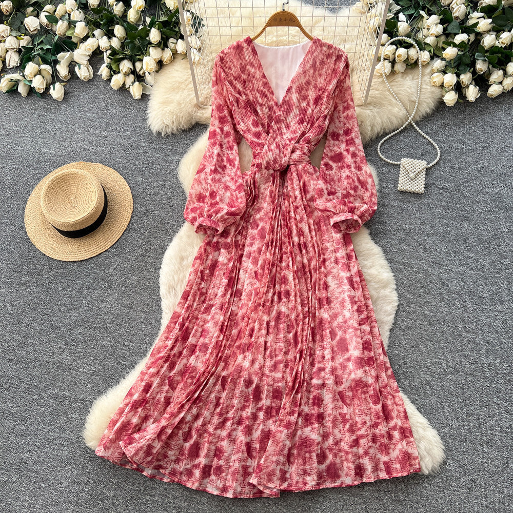 French riviera style v-neck lantern sleeve printed dress - women's summer korean style slimming a-line maxi dress