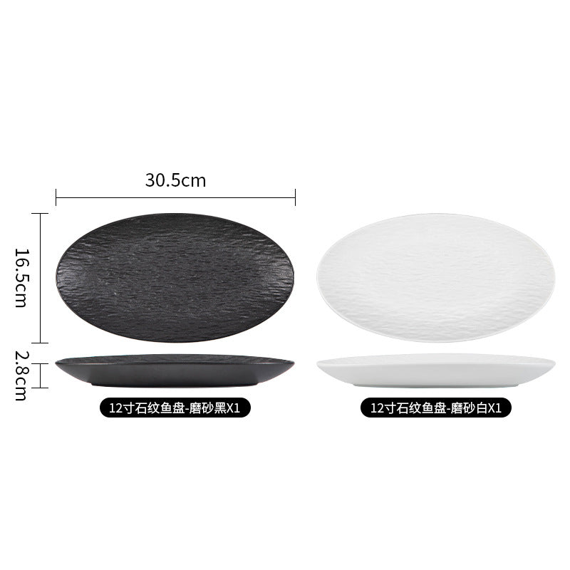 Japanese-style premium black and white ceramic dinnerware - high-end rock texture dinner plates for home use - round steak and chop dishes for restaurants