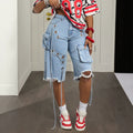 Street workwear fashionjeans women's multi-flap pocket pants eye strap raw edge ripped pants washed light blue denim pants