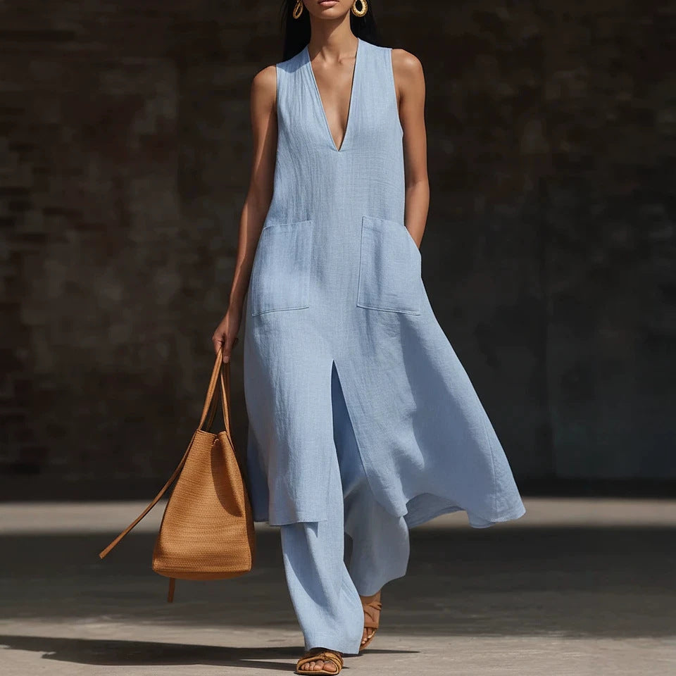 cross-border fashion: new european and american summer women's cotton linen pocket beach shorts and shirt set