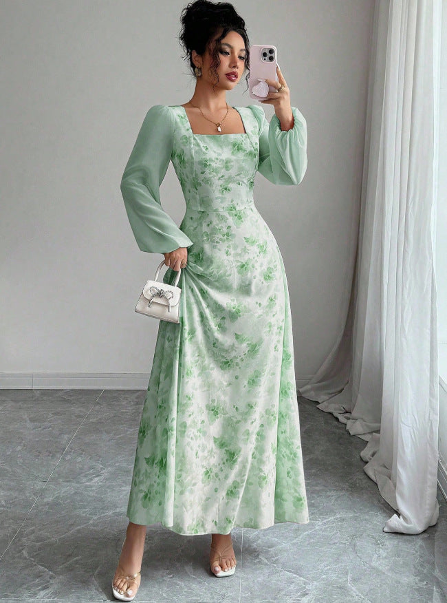 European and american cross-border  french mist light green smudged long skirt square neck long high waist a-line long fairy dress