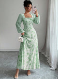 European and american cross-border  french mist light green smudged long skirt square neck long high waist a-line long fairy dress