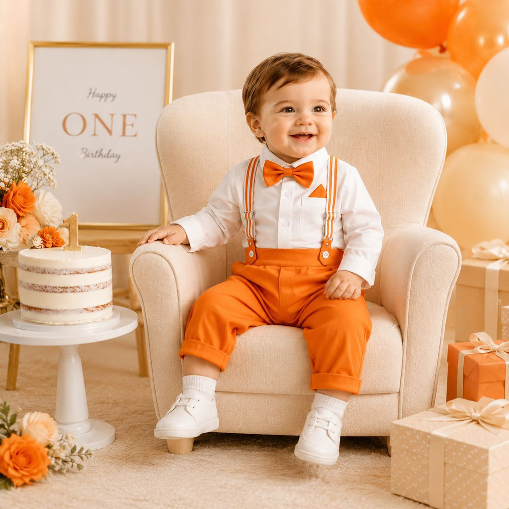 Handsome boyssummersuitwhitelong sleevesshirt suspenderspantstwo-piece setbaby boybirthday dress