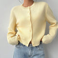 fashion light yellow short knittingcardigan round neck buttoned looselong sleeves soft waxy knittingoutwear