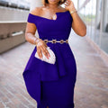 D214   summer short-sleeve bodycon solid color slit ol off-shoulder european and american style dress - cross-border formal dress
