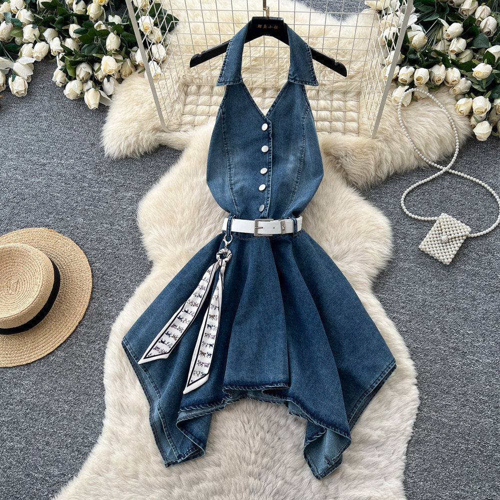 French riviera style halter sleeveless dress - women's summer cinched waist slimming tiered ruffle cake dress