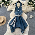 French riviera style halter sleeveless dress - women's summer cinched waist slimming tiered ruffle cake dress