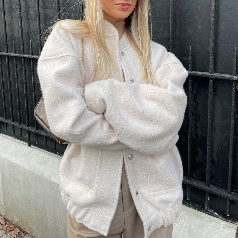 2025 new european and american style women's casual color block stand collar single-breasted large pocket loose fit comfortable long sleeve jacket