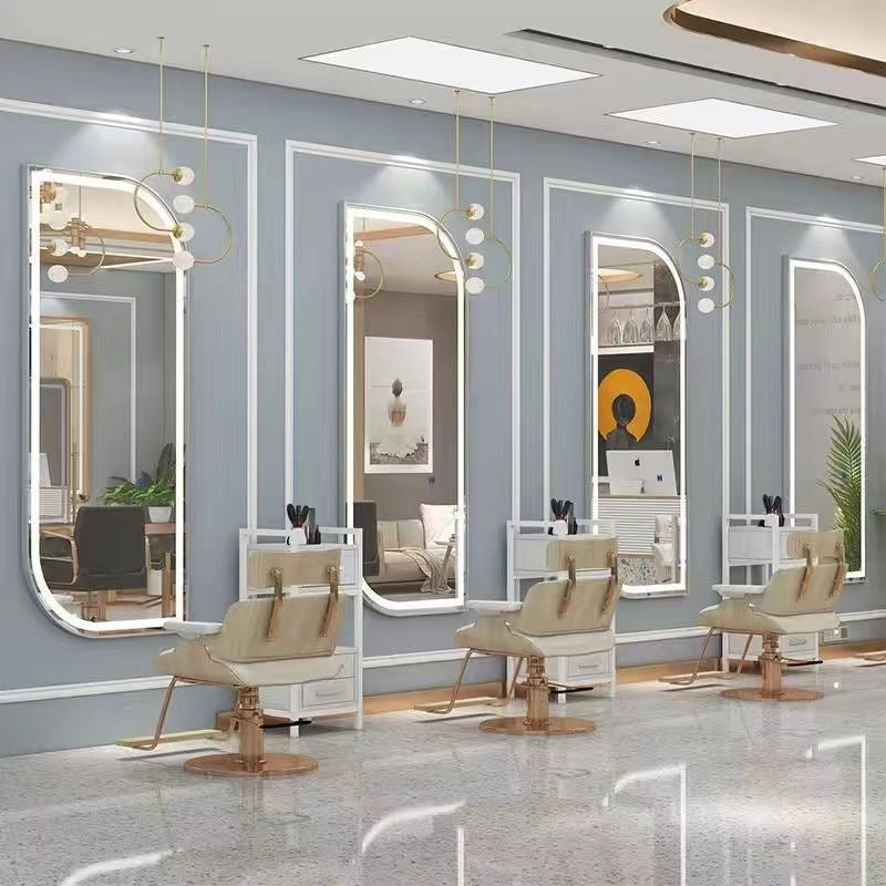 Minimalist barber shop mirror salon hair cutting dyeing perm hairdressing mirror table led lighted wall-mounted single-sided hairdressing mirror