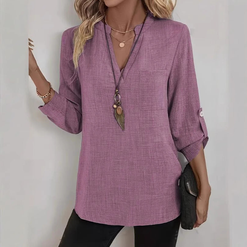 spring/summer european and american cross-border e-commerce new women's casual loose plus size v-neck solid color shirt