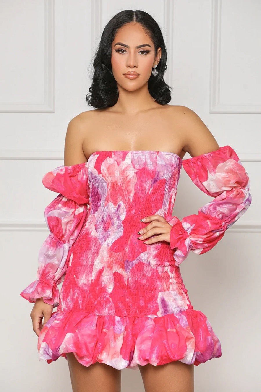 summer new arrival: ins european and american style sexy bodycon puff sleeve off-the-shoulder printed long sleeve mini dress
