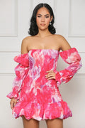 summer new arrival: ins european and american style sexy bodycon puff sleeve off-the-shoulder printed long sleeve mini dress