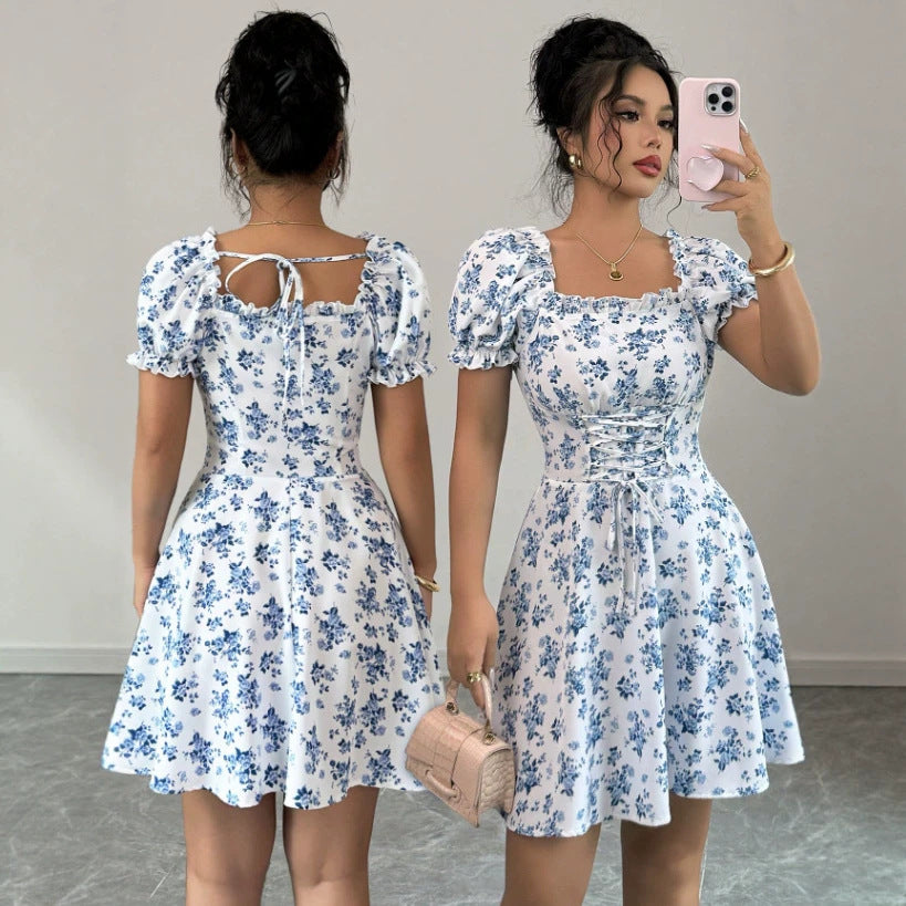 blue floral print dress - women's casual floral bubble sleeve tie-waist - wholesale