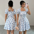 blue floral print dress - women's casual floral bubble sleeve tie-waist - wholesale