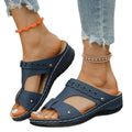 summer retro cross-border round toe slip-on sandals women's stitching wedge heel cut outplus size metal sandals