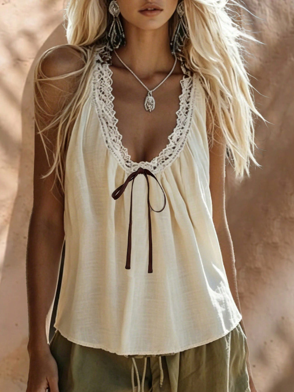 supply for europe and the us:  summer bohemian lace patchwork tank top with tie, loose fit, casual sleeveless top