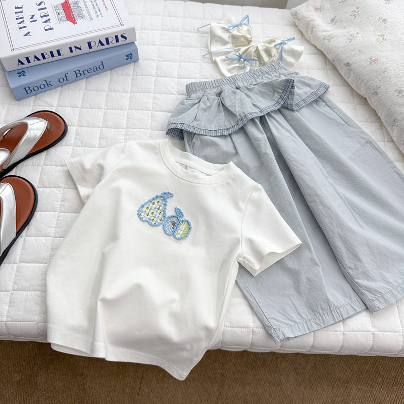 Korean style girls' cartoon embroidered short-sleeve t-shirt, kids' top,  summer versatile chic special embroidery top t