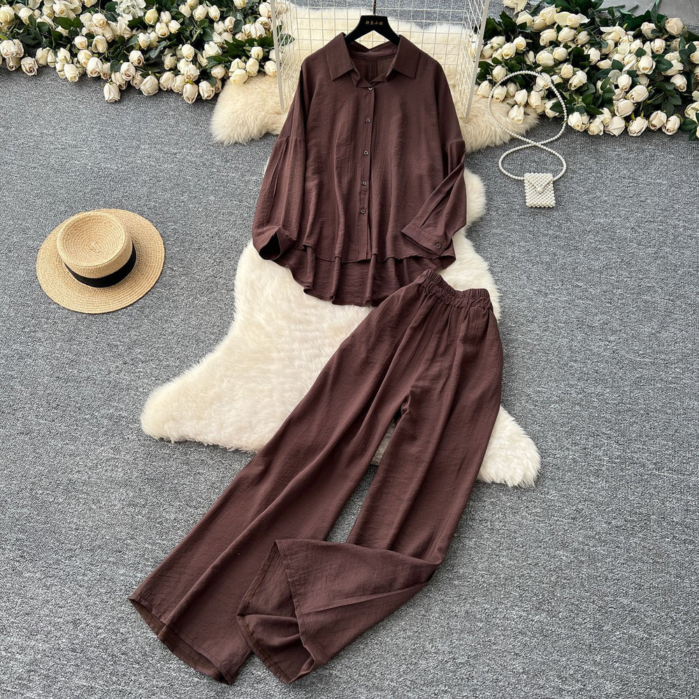 Casual fashionablesuit women's lazy style sense of designasymmetricallong sleevesshirthigh waistloose pantsstraight-leg pantstwo-piece set