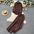 Casual fashionablesuit women's lazy style sense of designasymmetricallong sleevesshirthigh waistloose pantsstraight-leg pantstwo-piece set