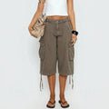 European and american style workwear denim cropped pants - khaki brown, multi-pocket, drawstring, wide leg, vintage washed cropped work pants