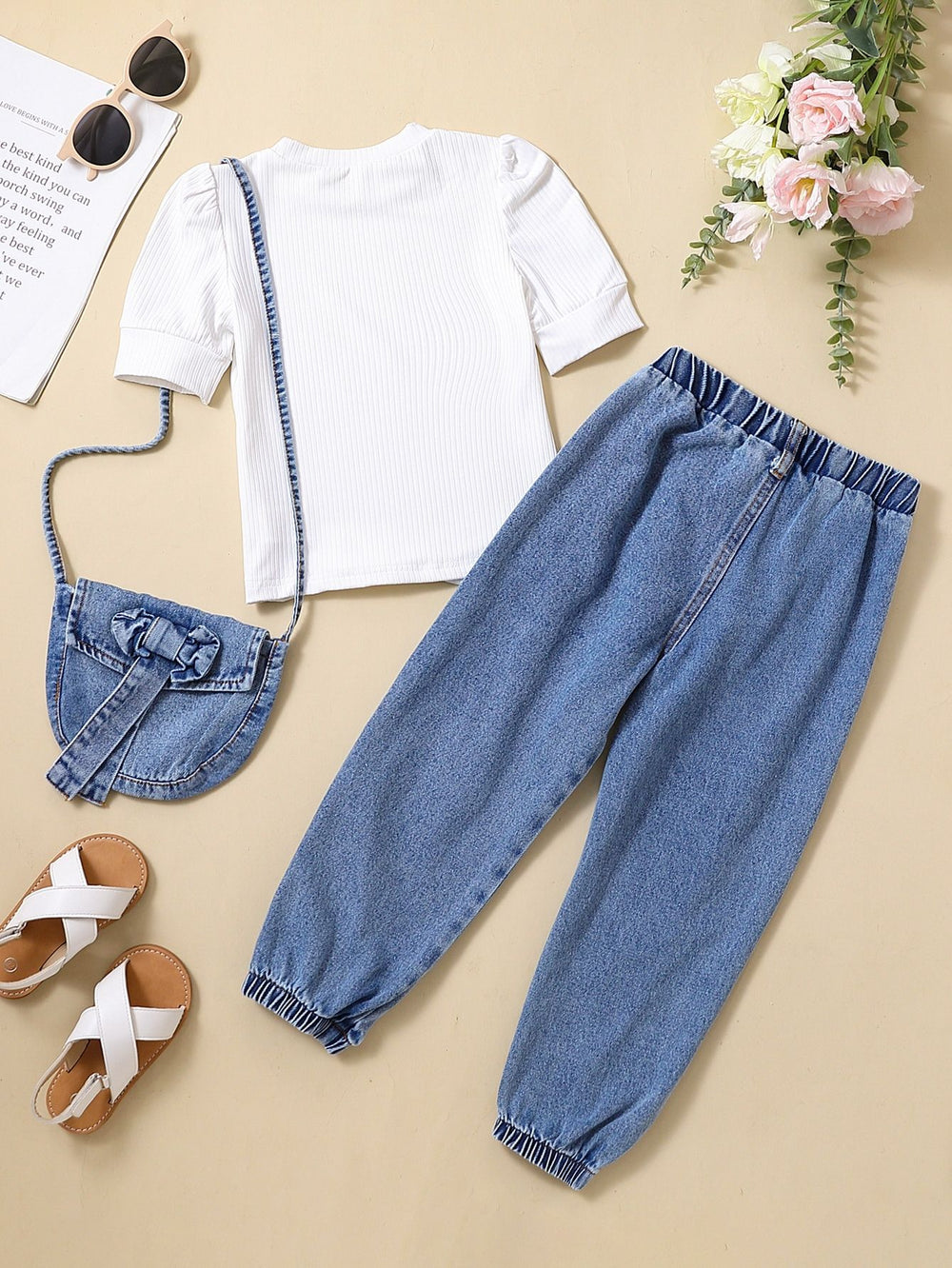 Girls'  spring new arrival:  bestseller long-sleeve outfit - denim pants + adorable fashion denim bag