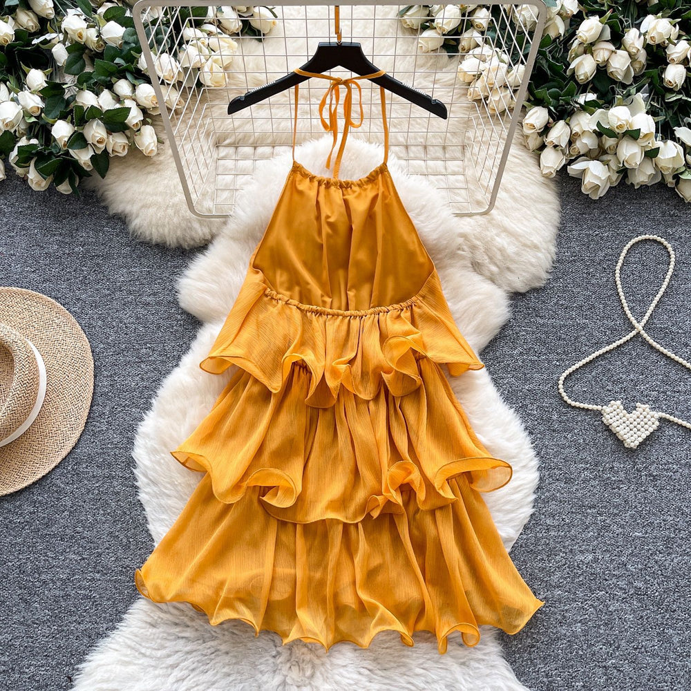 Yellow dress women's  summer french style halter neck ruffle trim tiered vacation mini dress