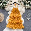 Yellow dress women's  summer french style halter neck ruffle trim tiered vacation mini dress