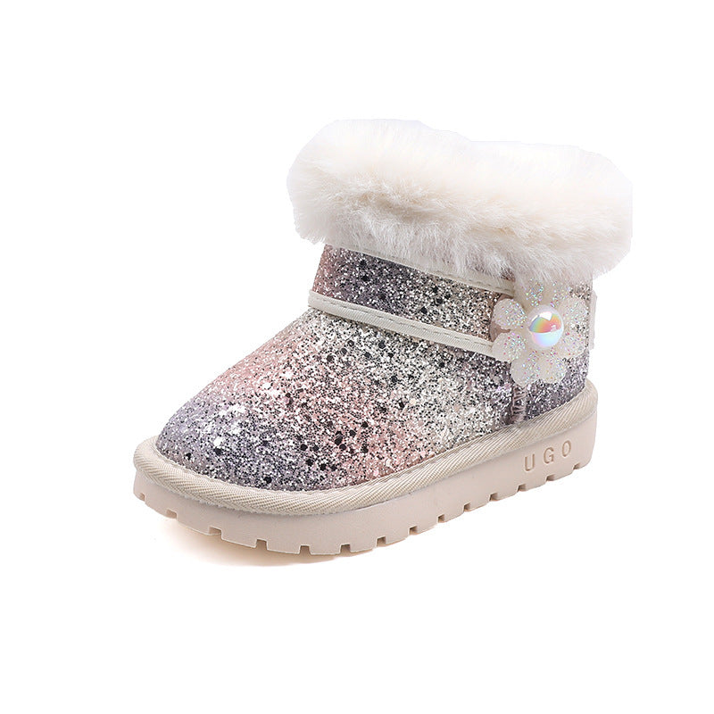 Girls' sequin princess snow boots - new  winter collection - fleece-lined, extra thick, warm cotton shoes - kids' ankle boots for mid-to-large children