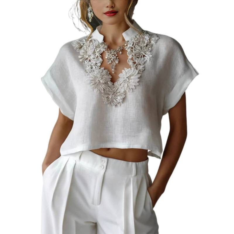 Amazon european cotton linen casual solid color stand collar shirt women's  summer new slimming short top