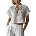 Amazon european cotton linen casual solid color stand collar shirt women's  summer new slimming short top