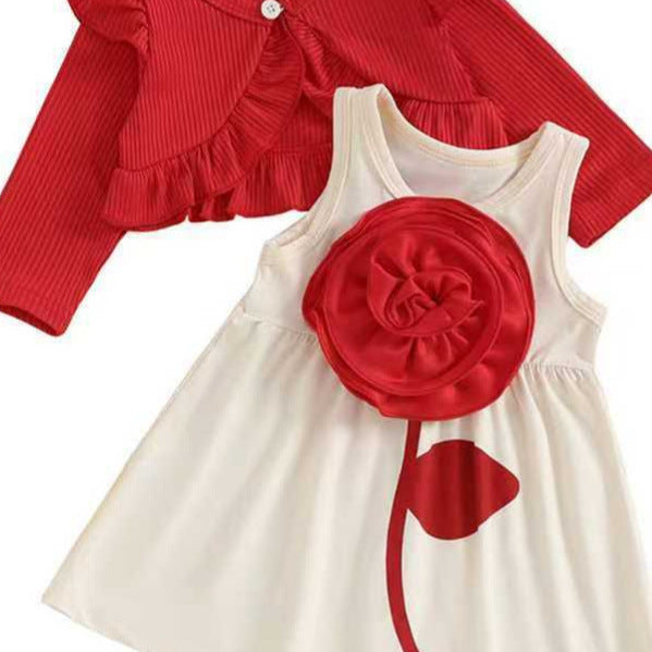 Girls' cute floral dress ribbed cardigan set