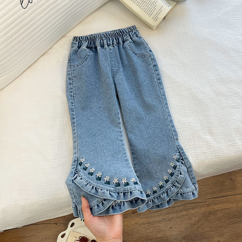 Girl denim bell bottoms spring & fall new arrivaloutwearkorean stylekidsilm spring & fall clothing baby micro-flared pants trendy