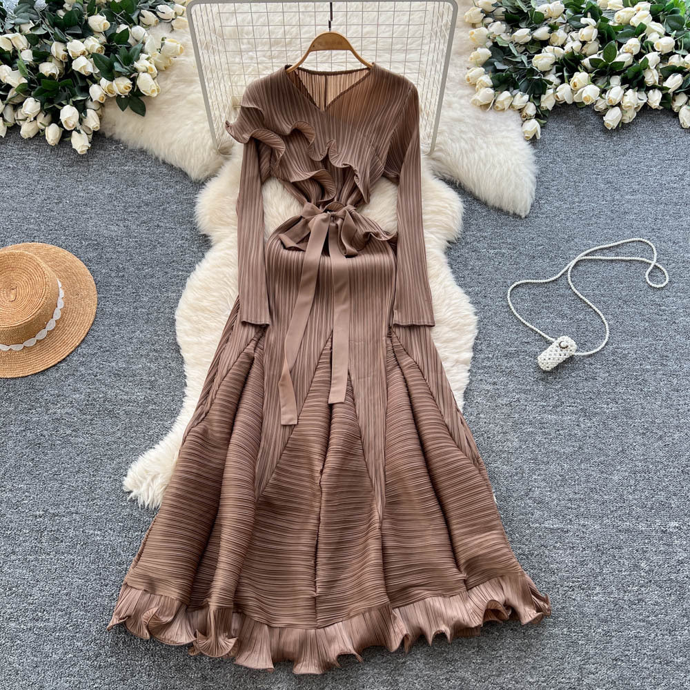 European and american niche fashion socialite tie-waist ruffle pleated dress - women's high-end slimming elegant maxi dress