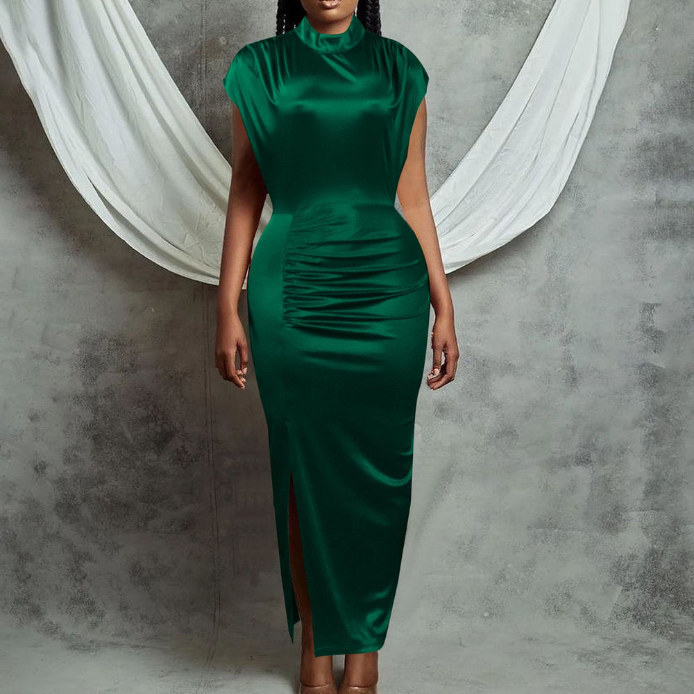 D261  european and american women's clothing  new elegant sheer dress long slit pleated cross-border dress