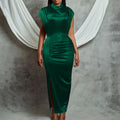 D261  european and american women's clothing  new elegant sheer dress long slit pleated cross-border dress