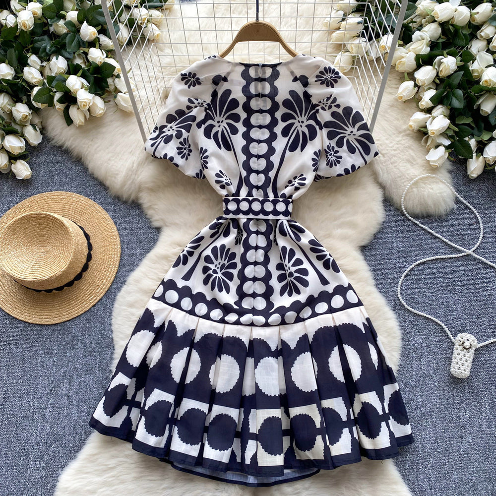 European and american style high-end printed bubble sleeve dress - women's summer tie-waist design, elegant petite midi dress